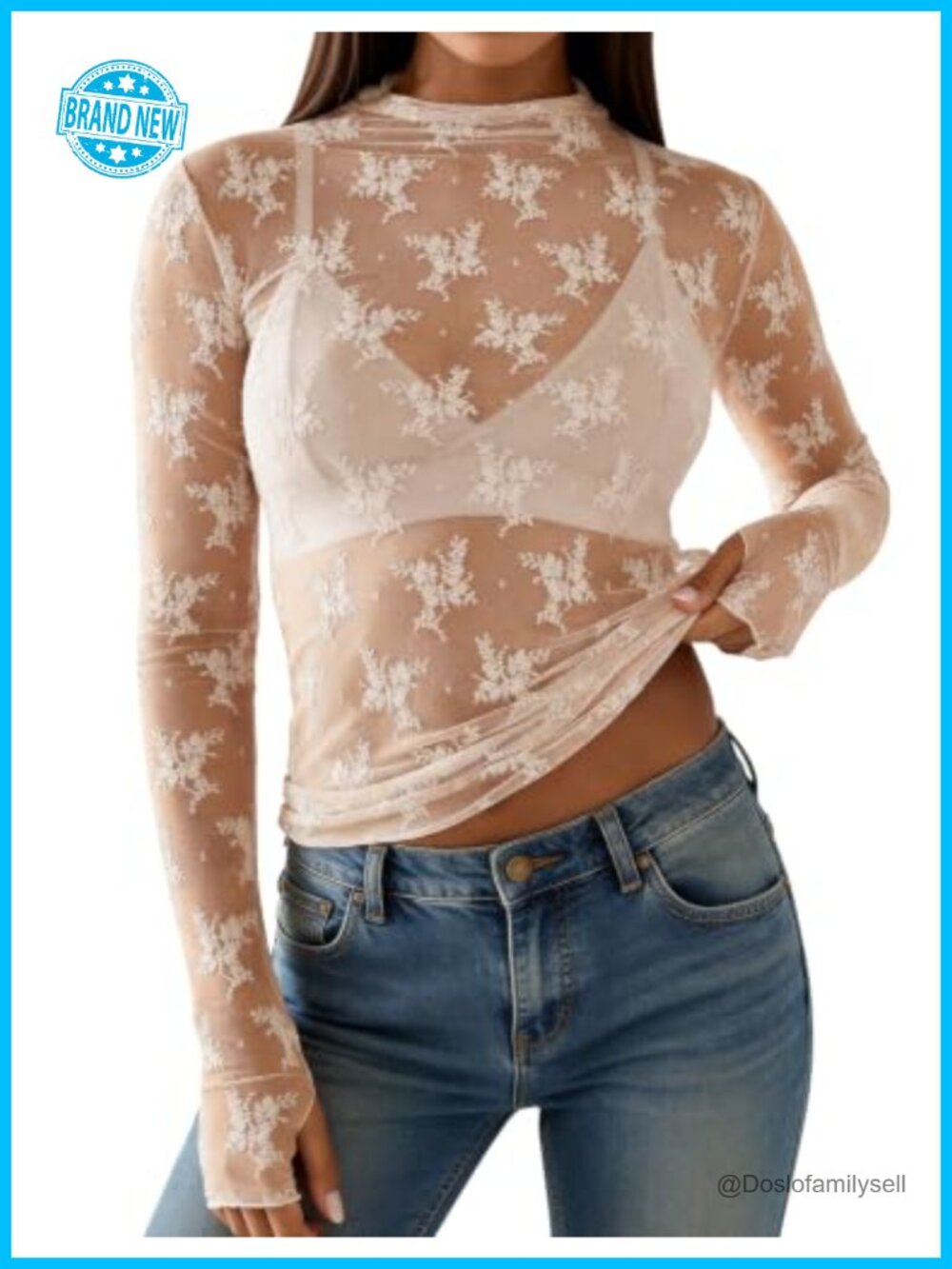 Sheer Floral Lace Top Mock Neck Long Sleeve Mesh Blouse